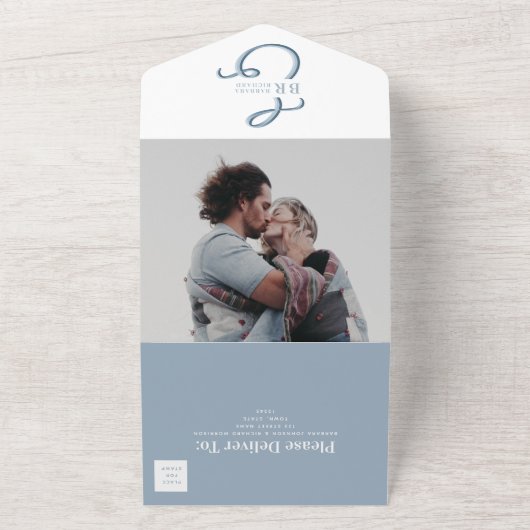 Monogram mosterdblauw huwelijk in één uitnodiging (Buitenkant)