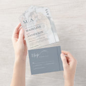 Monogram mosterdblauw met bovenliggend fotohuwelij all in one uitnodiging (Afscheurbaar)