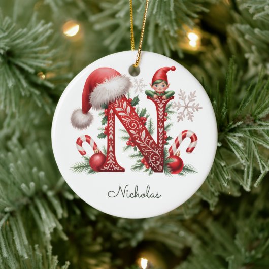 Monogram N Elf Kerst Ornament (Boom)