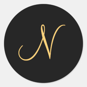 Monogram N, goudkleurig initiaal N op zwart, Ronde Sticker
