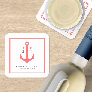 Monogram Naadloos Rand en Anker Kleur Nautisch Vierkante Kartonnen Onderzetter