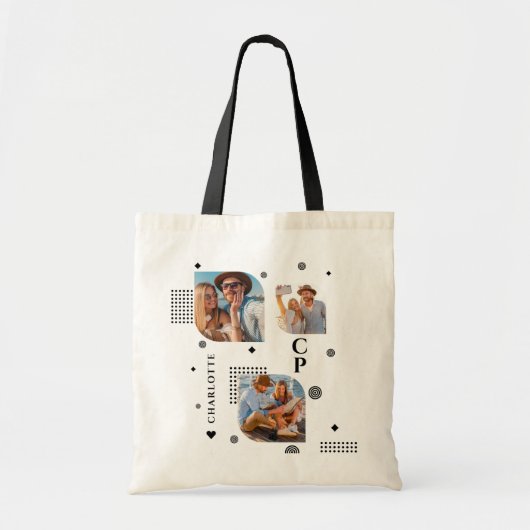 Monogram Naam 3 Foto Collage Trendy Tote Bag (Voorkant)
