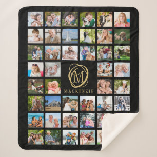 Monogram naam 44 Foto Collage Editable Black Gold Sherpa Deken