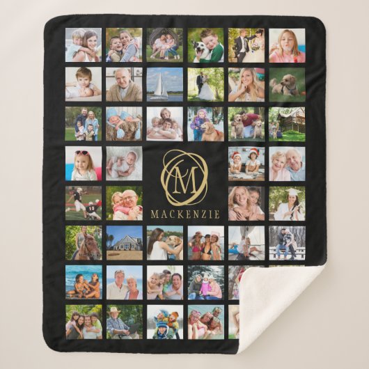 Monogram naam 44 Foto Collage Editable Black Gold Sherpa Deken (Voorkant)