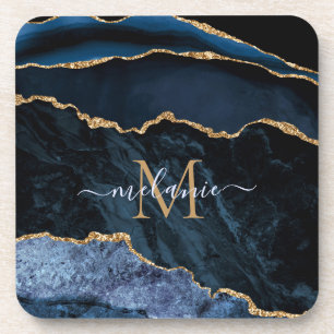 Monogram naam agaat Navy blauw Goud edelsteen Marm Bier Onderzetter