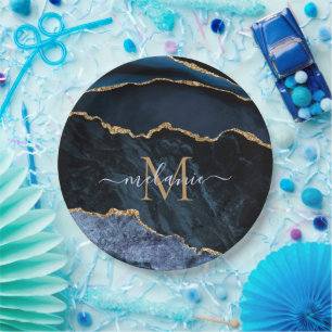 Monogram Naam Agaat Navy Blauw Goud Papier Borden Papieren Bordje