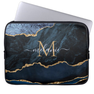 Monogram naam Agate Blue Gold Marble Laptop Slapje Sleeve