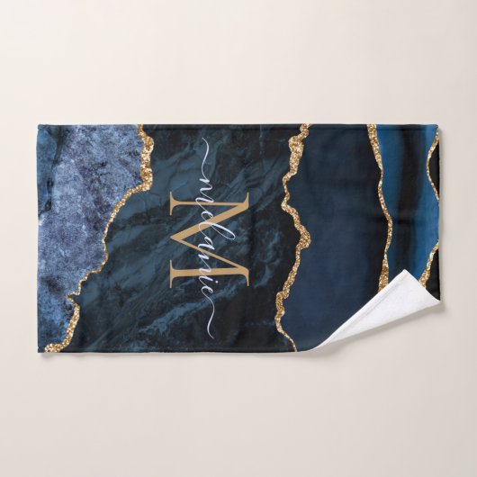Monogram Naam Agate Navy Blue Gold Gemstone Marble Bad Handdoek (Handdoek)