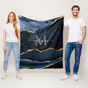 Monogram Naam Agate Navy Blue Gold Gemstone Marble Fleece Deken