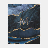 Monogram Naam Agate Navy Blue Gold Gemstone Marble Fleece Deken (Voorkant)