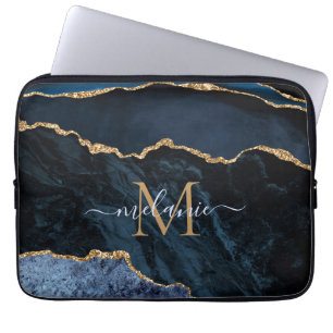 Monogram Naam Agate Navy Blue Gold Gemstone Marble Laptop Sleeve