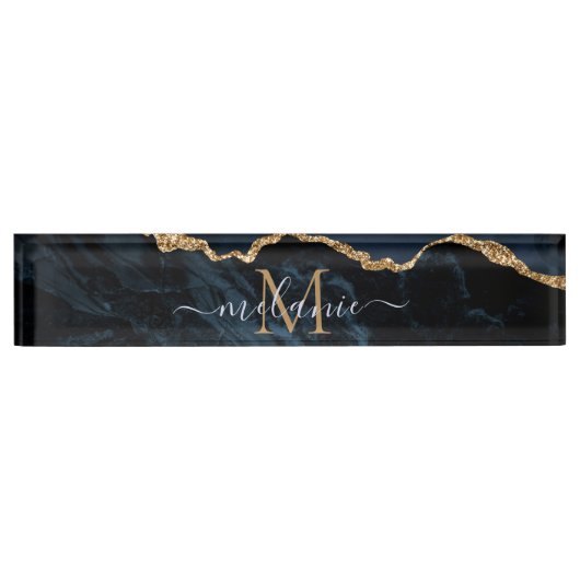 Monogram Naam Agate Navy Blue Gold Gemstone Marble Naambordje (Voorkant)
