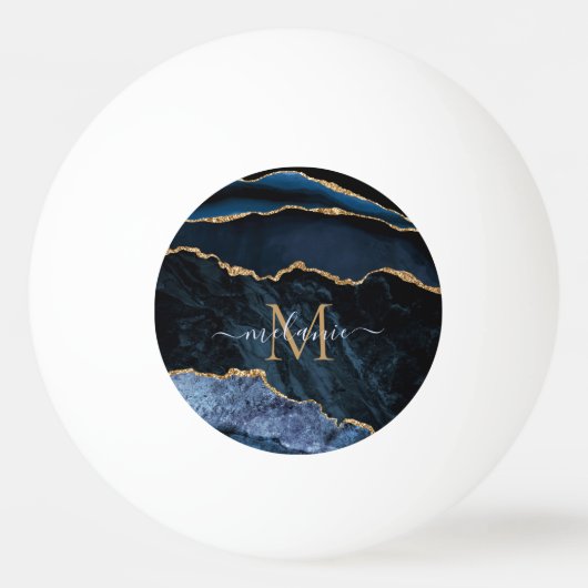 Monogram Naam Agate Navy Blue Gold Gemstone Marble Pingpongballen (Voorkant)
