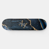 Monogram Naam Agate Navy Blue Gold Gemstone Marble Skateboard (Horizontaal)