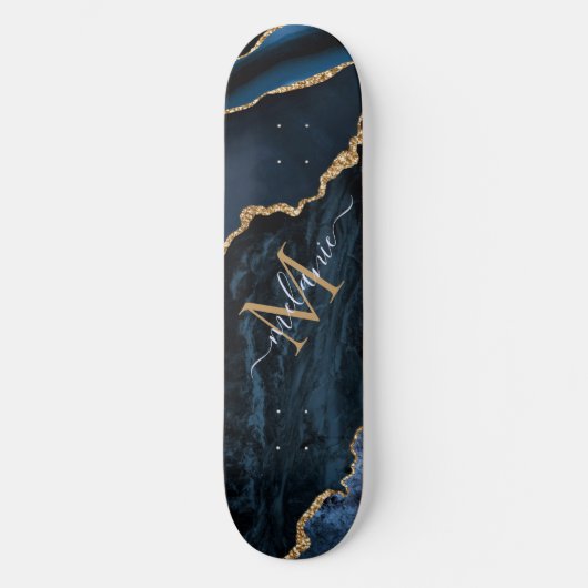 Monogram Naam Agate Navy Blue Gold Gemstone Marble Skateboard (Voorkant)