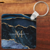 Monogram Naam Agate Navy Blue Gold Gemstone Marble Sleutelhanger (Achterkant)