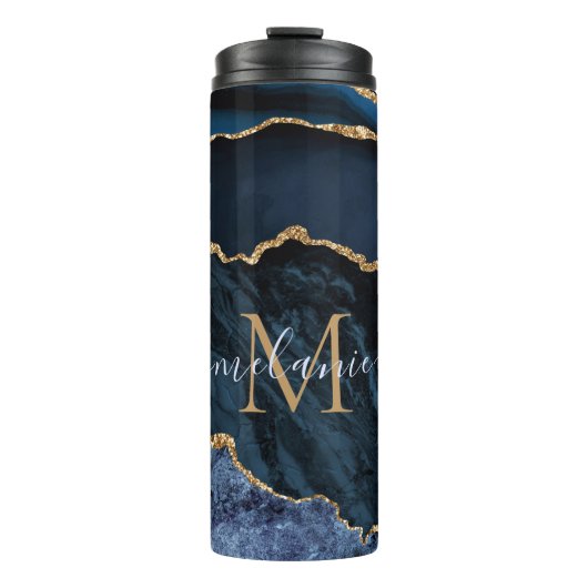 Monogram Naam Agate Navy Blue Gold Gemstone Marble Thermosbeker (Voorkant)