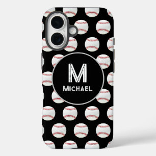 Monogram Naam Baseball Naadloos Patroon Zwart iPhone 16 Hoesje