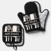 Monogram Naam BBQ Chef Cook Grilling Ovenwant & Pannenlap Set (Voorkant / Achterkant)