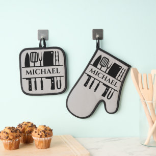 Monogram Naam BBQ Chef Cook Grilling Ovenwant & Pannenlap Set
