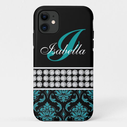 Monogram Naam Black Turquoise Damask iPhone 5 Hoes (Achterkant)