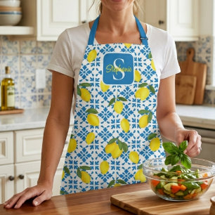 Monogram naam blauw Frans tegel citroenpatroon  Schort