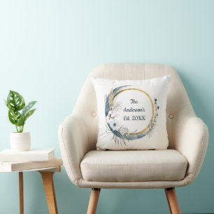 Monogram Naam Blauw Wit Goud Bloemig Elegant Kussen