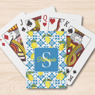 Monogram naam blauwe Franse tegel citroenpatroon Pokerkaarten