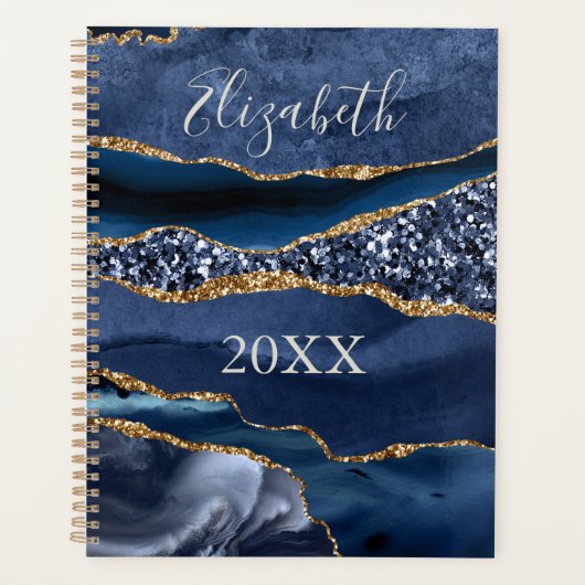 Monogram Naam Blauwe Goud Glitter Agate Marmer  Planner (Voorkant)