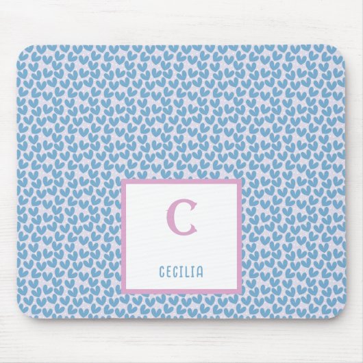 Monogram Naam Blauwe Harten & Witte Stippen Patroo Muismat (Voorkant)