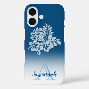 Monogram naam blauwe Ombre tropische Hibiscus bloe iPhone 16 Hoesje