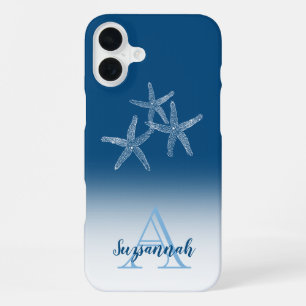 Monogram Naam Blauwe Ombre Tropische Zeester iPhone 16 Plus Hoesje