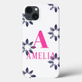 Monogram Naam Blauwe Roze Retrofloer Waterverf Case-Mate iPhone Case (Achterkant)