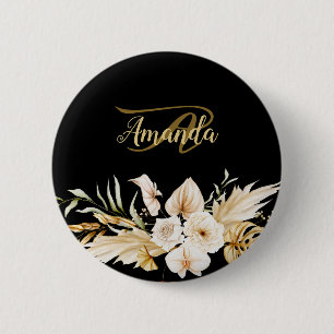 Monogram Naam Bloem Goud Zwart Elegant Modern Ronde Button 5,7 Cm