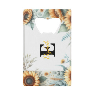 Monogram naam bloemen zonnebloem pastel waterverf kredietkaart flessenopener