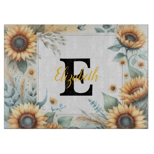 Monogram naam bloemen zonnebloem pastel waterverf snijplank (Voorkant)
