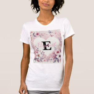 Monogram naam bloemenharten romantische waterverf t-shirt