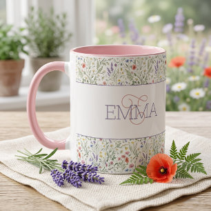 Monogram Naam Boho Lavendel Wilde Bloem Patroon Mok