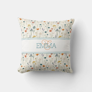 Monogram Naam Boho Wildflower Patroon Oranje Teal Kussen