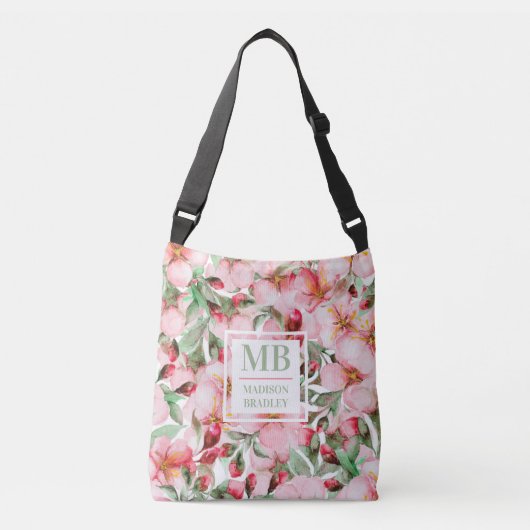 Monogram naam Cherry Blossom Waterverf Floral Crossbody Tas (Voorkant)