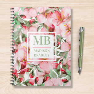 Monogram naam Cherry Blossom Waterverf Floral Notitieboek