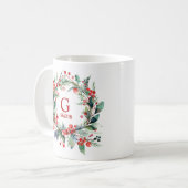 Monogram Naam Christmas Greenery Koffiemok (Voorkant links)