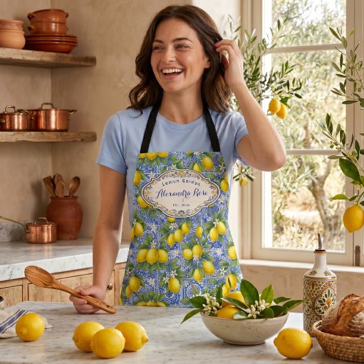 Monogram naam citroen blauw Frans landelijk tegel  Schort