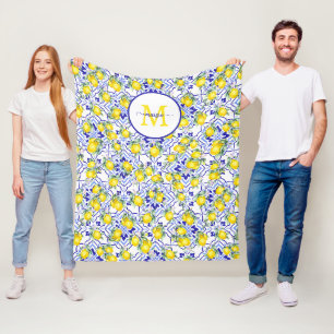 Monogram Naam Citroen Blauwe Franse Landelijke Teg Fleece Deken