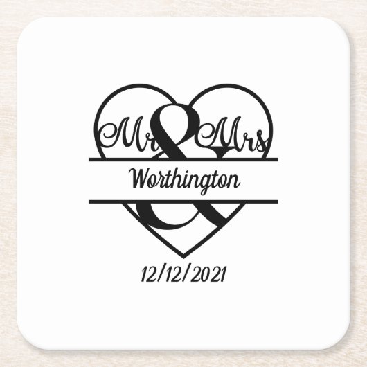 Monogram Naam Datum Harthuwelijk Vierkante Kartonnen Onderzetter (Voorkant)