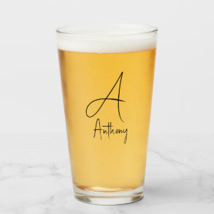 Monogram Naam Eenvoudig Zwart Script Bier Glas