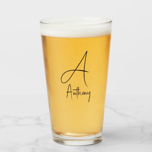 Monogram Naam Eenvoudig Zwart Script Bier Glas (Voorkant gevuld)