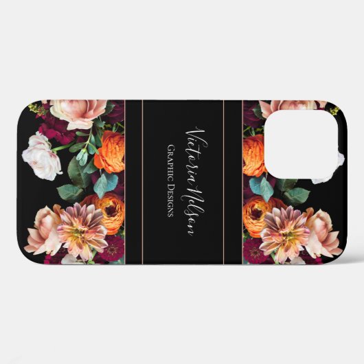 Monogram Naam Elegant Floral Rustic Black Case-Mate iPhone Case (Achterkant (horizontaal))