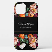 Monogram Naam Elegant Floral Rustic Black Case-Mate iPhone Case (Achterkant)