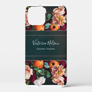 Monogram Naam Elegant Floral Rustic Black Hoesje-M iPhone 12 Hoesje